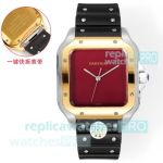 THB Cartier Santos Red Dial Gold Two-Tone Rubber Strap Swiss Replica Watch 